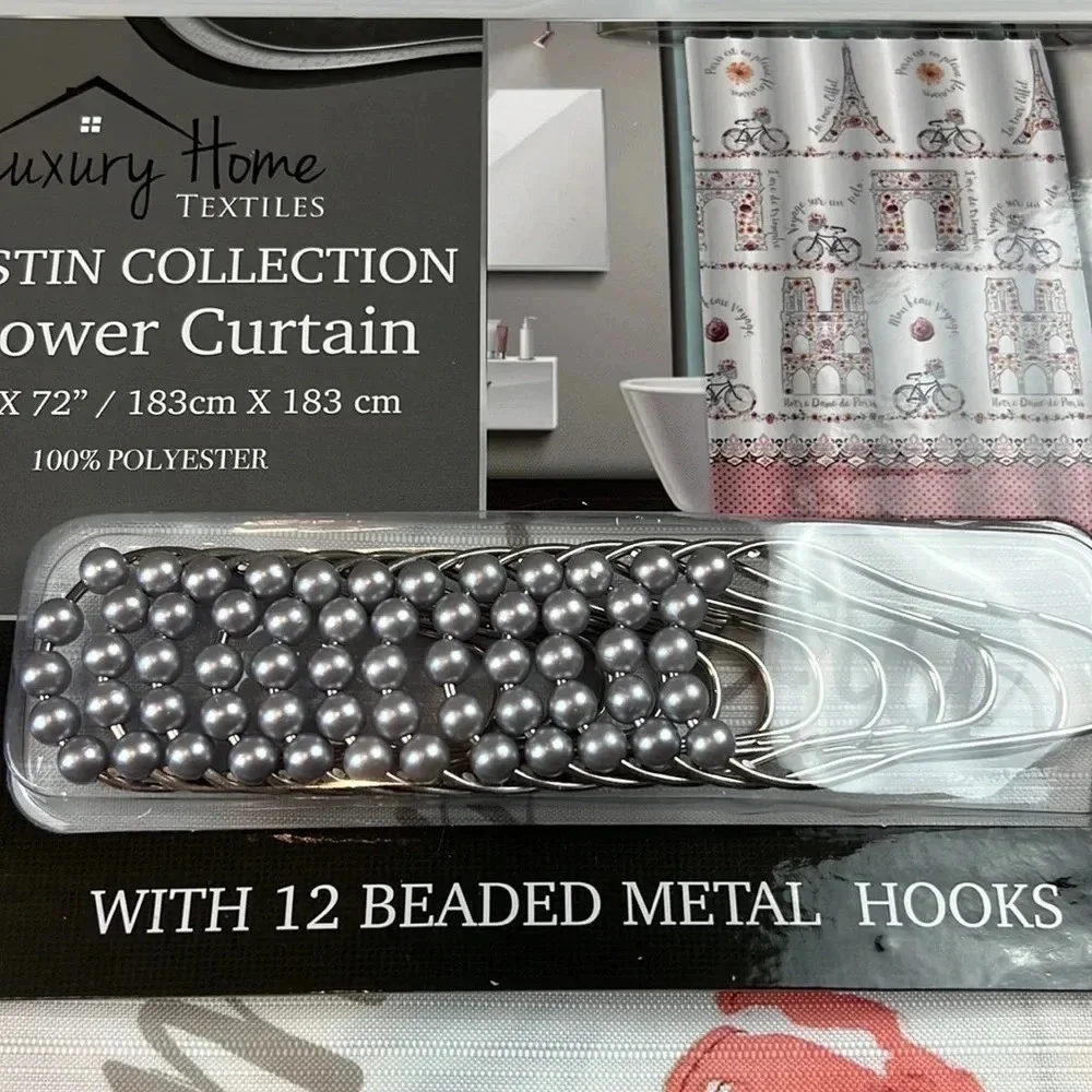 Luxury Home Paris‎ Print Shower Curtain With 12 Beaded Metal Hooks Brand New